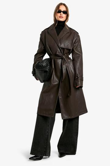 Shoulder Pad Faux Leather Trench Coat chocolate