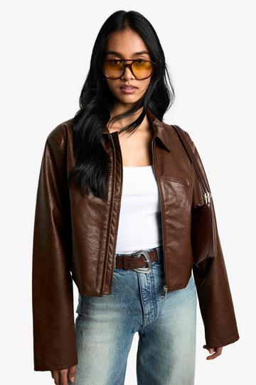 Brown Shoulder Pad Faux Leather Jacket