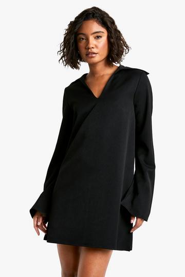 Black Tall Collar Detail Woven Tailored Shift Dress