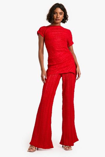 Tall Crinkle Texture Drape Top and Flare Co Ord red