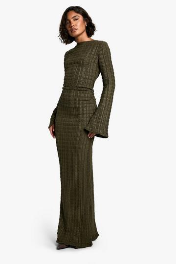 Tall Crinkle Texture Flare Sleeve Column Maxi Dress light khaki