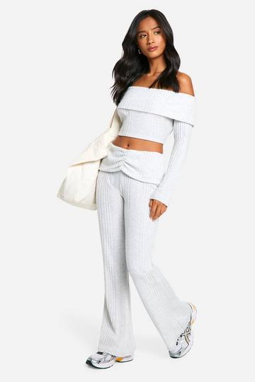 Petite Crop Top & Fold Over Waistband Soft Rib Flare Leg Trouser Set grey