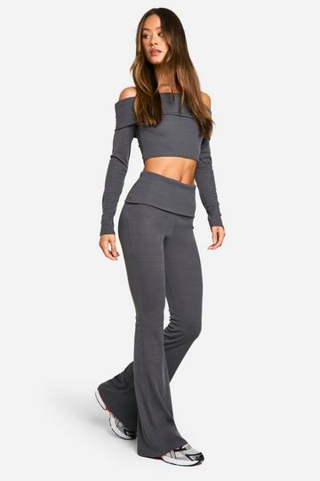 Tall Crop Top & Fold Over Waistband Soft Rib Flare Leg Trouser Set charcoal