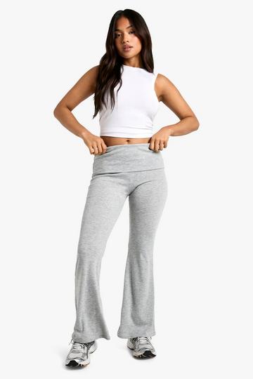 Grey Petite Fold Over Waistband Soft Rib Flare Leg Trouser