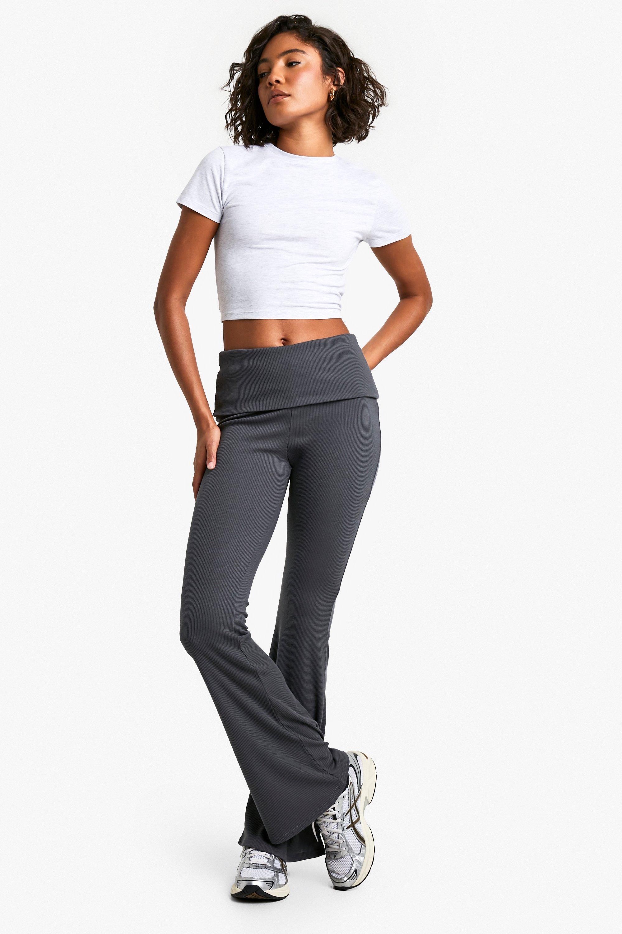 Tall Fold Over Waistband Soft Rib Flare Leg Trouser | boohoo CA Tall Fold Over Waistband Soft Rib Flare Leg Trouser | boohoo CA