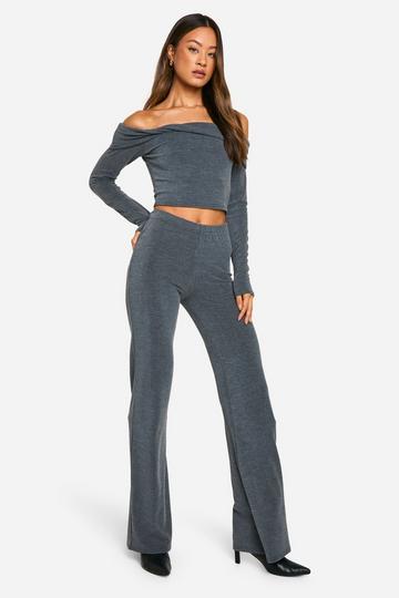 Tall Twist Detail Crop Top and Wide Leg Trouser Set grey