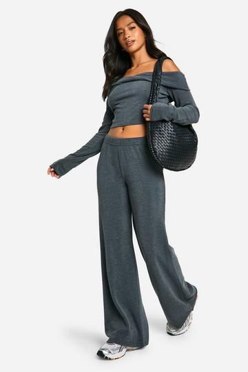 Petite Gedraaide Crop Top En Wide Leg Broek Set charcoal