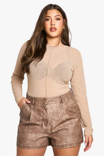 Plus Geplooide Gebleekte PU Shorts light brown