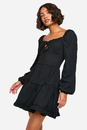 Black Tall Long Sleeve Textured Frill Smock Dress