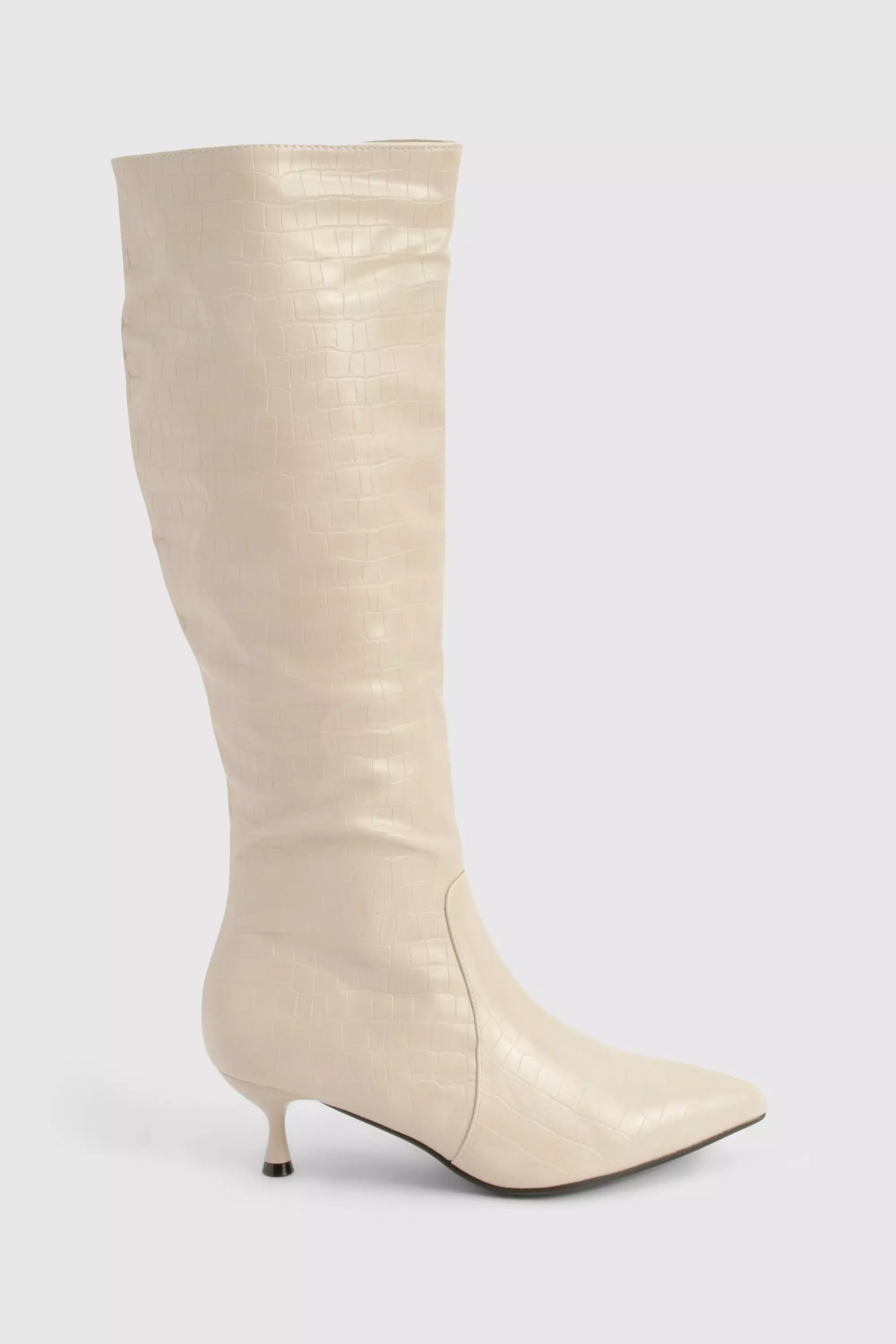 Nude Croc Pointed Knee High Boot صورة بديلة