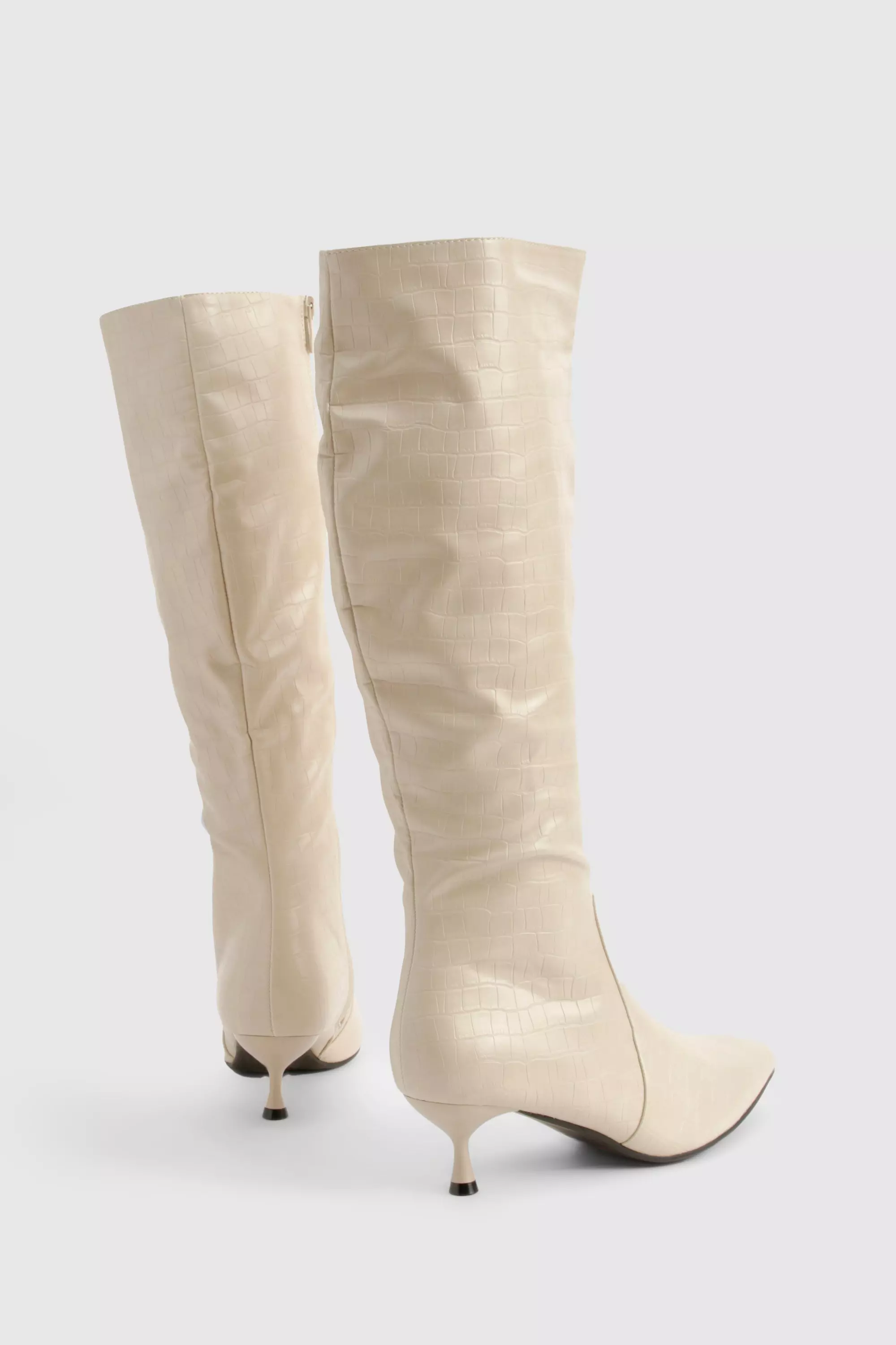 Nude Croc Pointed Knee High Boot صورة بديلة