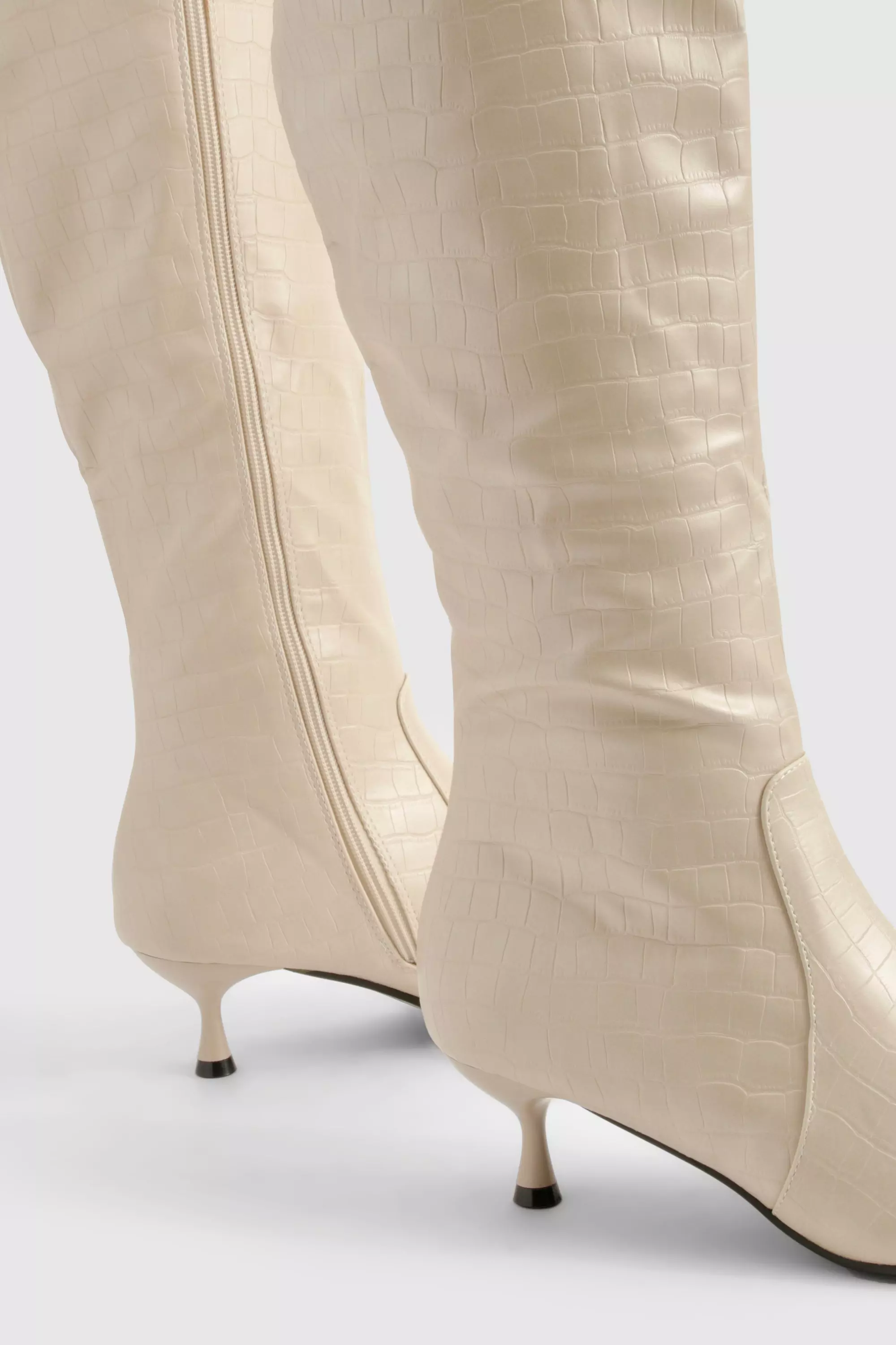 Nude Croc Pointed Knee High Boot صورة بديلة