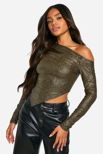 Glitter Off Shoulder Asym Hem Flare Sleeve Top black