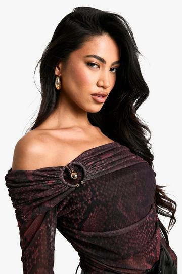 Printed Mesh Trim Detail Bardot Top purple