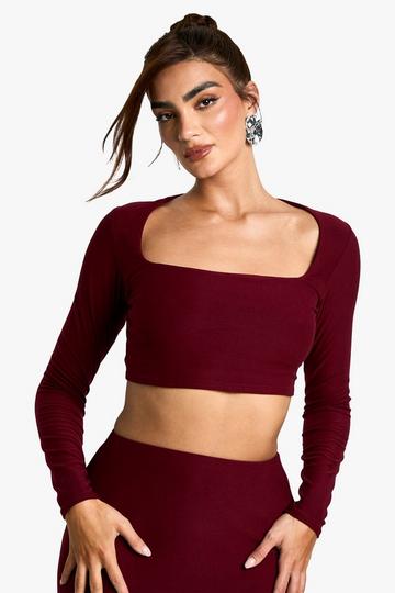 Burgundy Red Soft Touch Square Neck Long Sleeve Top