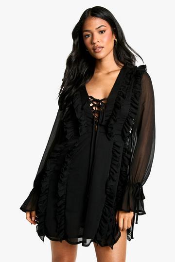 Black Tall Crinkle Chiffon Ruffle Shift Dress