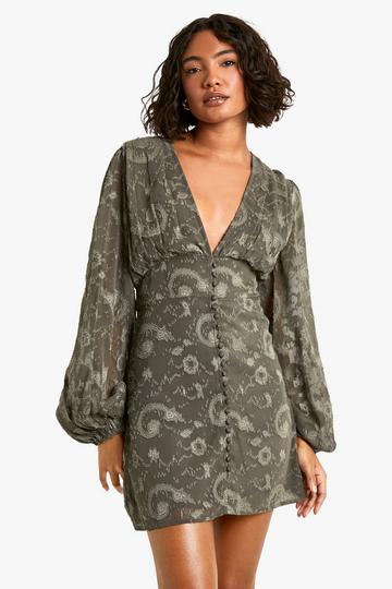 Tall Paisley Burnout Volume Sleeve Mini Dress olive