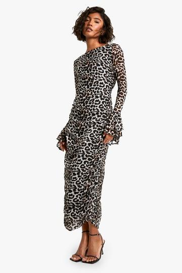 Tall Leopard Chiffon Ruffle Midaxi Dress brown