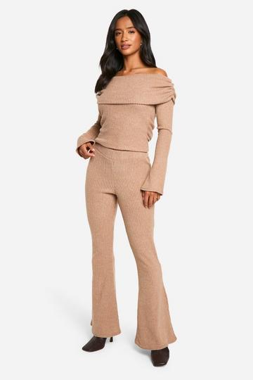 Petite Brushed Rib Foldover Flare Trouser camel