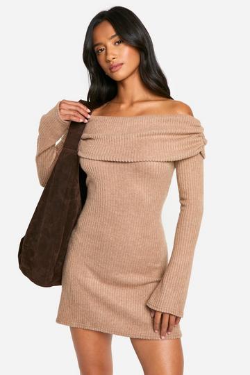 Camel Beige Petite Geborstelde Geribbelde Mini Jurk Met Uitgesneden Hals