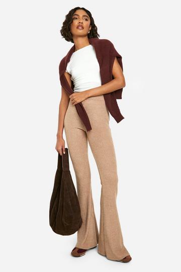 Camel Beige Tall Brushed Rib Flare Trouser