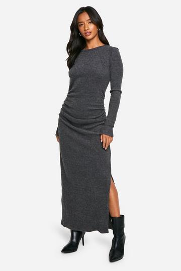 Petite Geborstelde Geribbelde Maxi Jurk Met Lange Mouwen charcoal