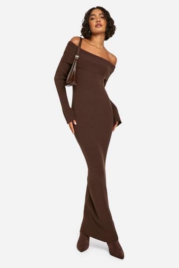 Tall Bardot Ribbed Knit Maxi Dress chocolate