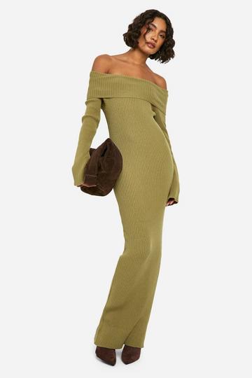 Tall Bardot Ribbed Knit Maxi Dress khaki