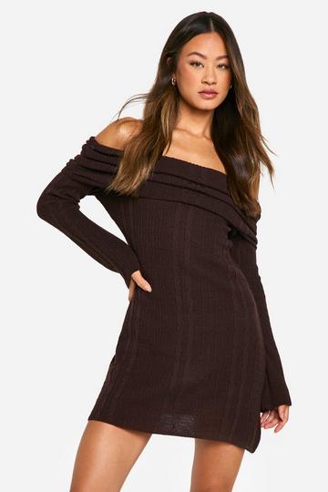 Tall Off The Shoulder Cable Knit Skater Dress chocolate