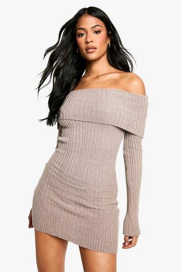 Tall Bardot Ribbed Knit Skater Dress stone