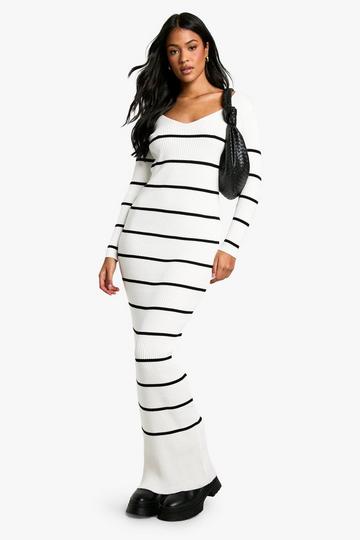 Cream White Tall Stripe Ribbed Knitted Maxi Dress