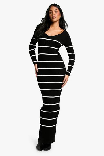 Black Tall Stripe Ribbed Knitted Maxi Dress