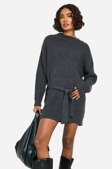 Tall Belted Knitted Jumper Dress charcoal