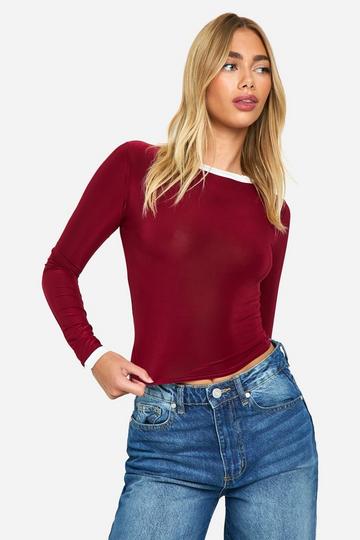 Slinky Contrast Binding Long Sleeve Top berry