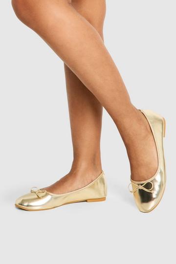 Gold Metallic Metallic Bow Round Toe Ballet Flats