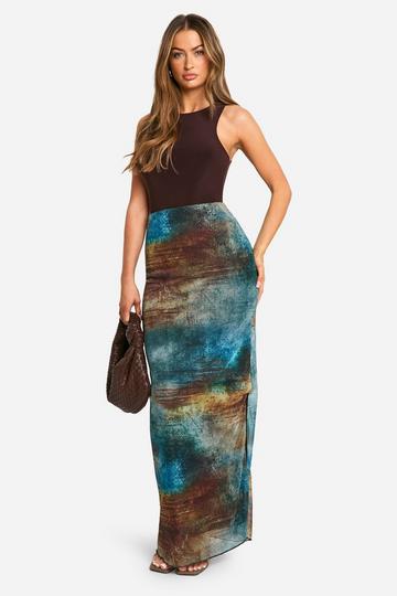 Smudge Print Mesh Maxi Skirt multi