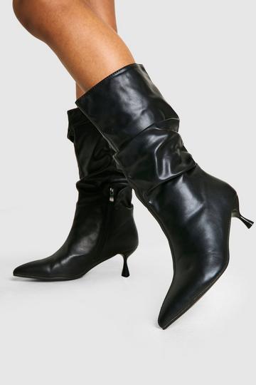 Black Low Stiletto Ruched Calf High Boots