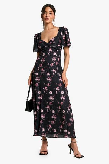 Chiffon Bloemen Midaxi Jurk Met Engelenmouwen black