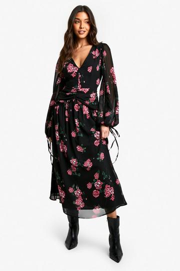 Chiffon Bloemen Midaxi Jurk Met Geplooide Taille black