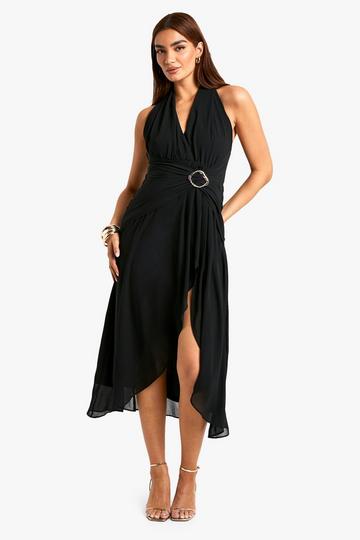 Plunge Chiffon Trim Detail Midaxi Dress black