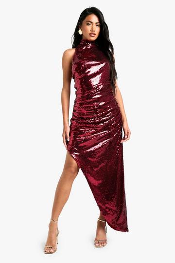 High Neck Sequin Split Maxi Dress red