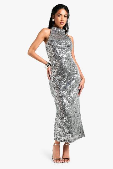 Silver Sequin Racer Midaxi Dress