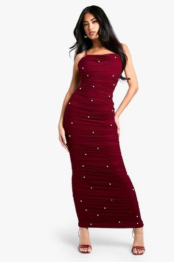 Geplooide Mesh Maxi Jurk Met Kraaltjes plum