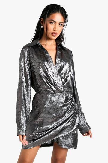 Metallic Foil Drape Detail Mini Dress charcoal