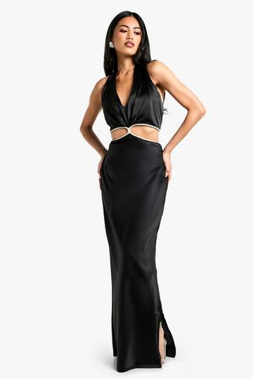 Diamante Trim Twist Front Maxi Dress black