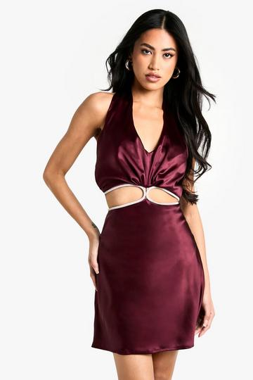 Diamante Trim Twist Front Mini Dress plum