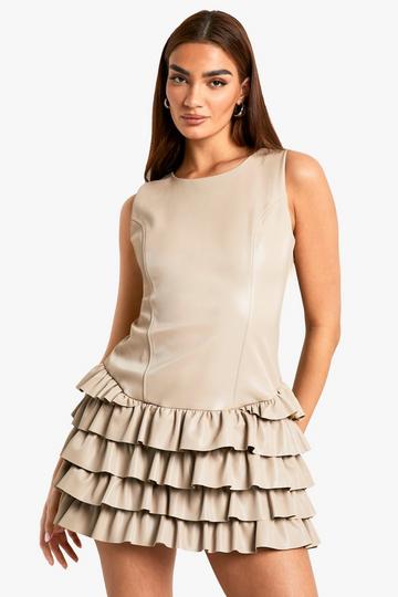 PU Ruffle Hem Mini Dress stone