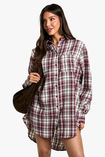 Shoulder Pad Oversized Check Shirt Dress plum