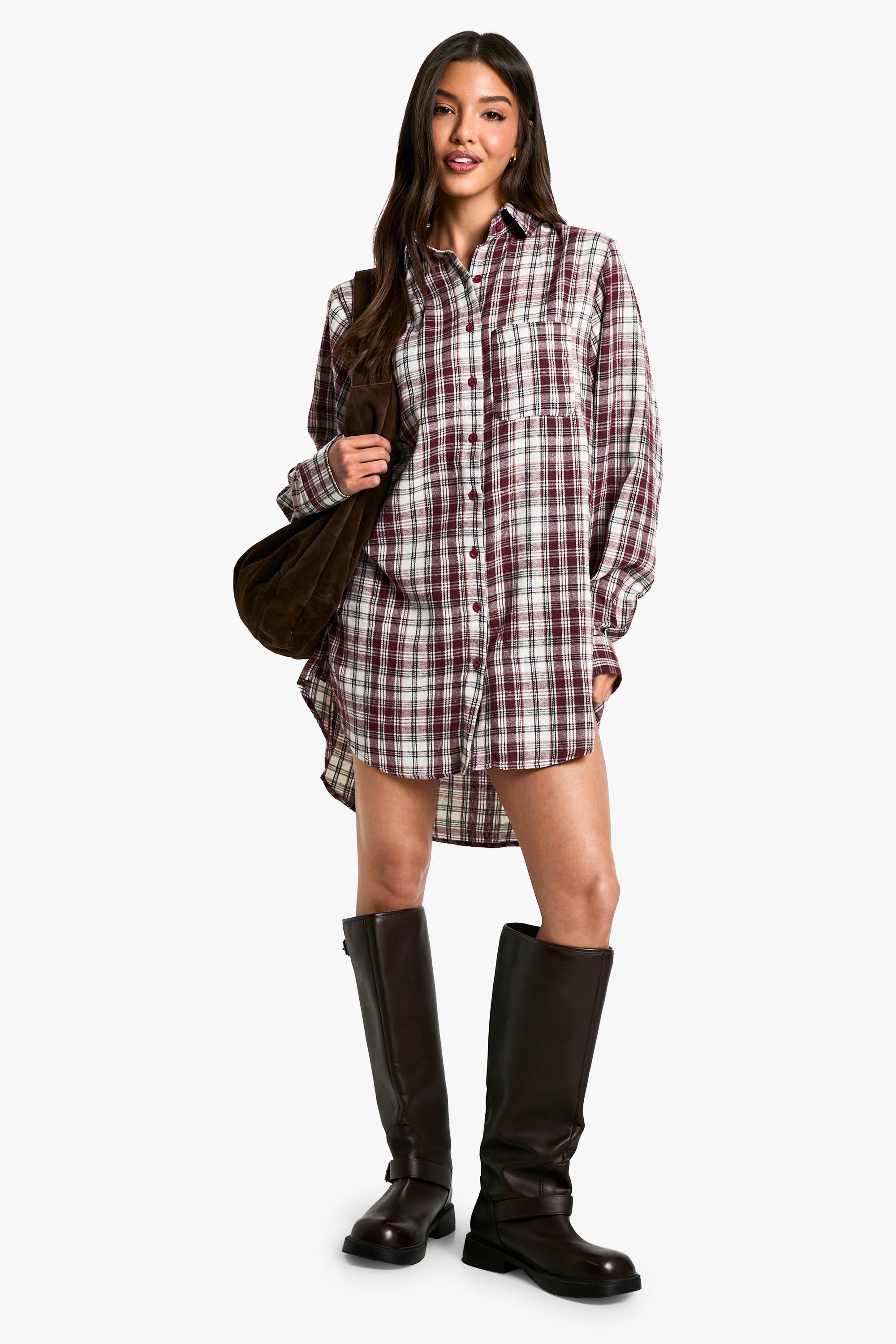 Shoulder Pad Oversized Check Shirt Dress boohoo