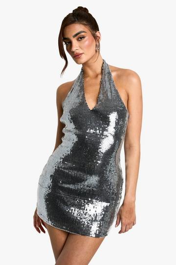 Silver Halterneck Sequin Mini Dress